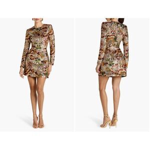 Nadine Merabi Gold Camile Embellished Long Sleeve Sheath Cocktail Dress Size 14